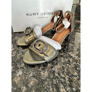 Kurt Geiger London Metallic Gold Crystal Heel Eagle Buckle Sandals Womens 36